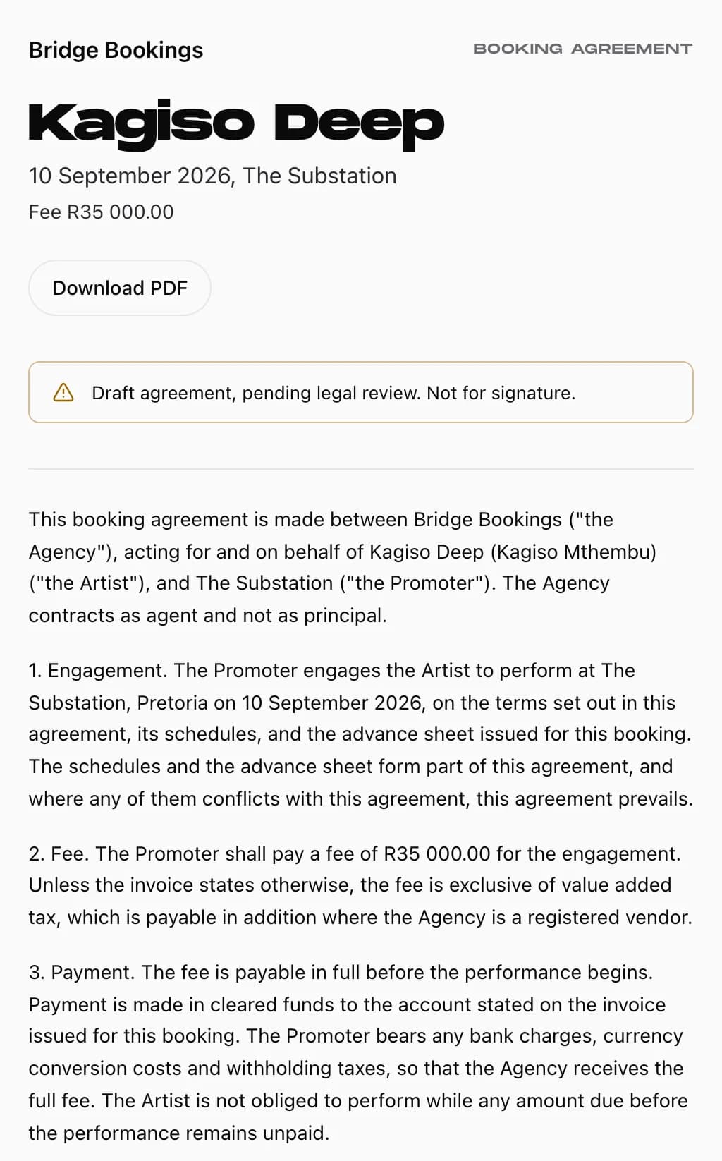 A booking agreement as the promoter opens it from a link: the agency's name, the artist, the date and venue, the fee, a Download PDF button and the first clauses.