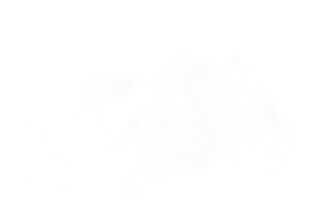 A halftone print of a crowd at a night show from the back of the floor, hands up, beams from the rig cutting through the haze to a small stage.